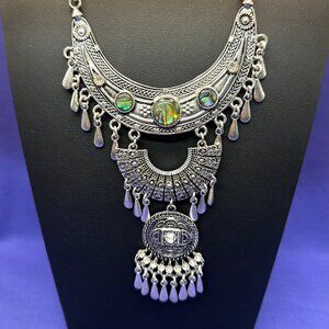 Bohemian-Style Silver-Tone Statement Necklace Abalone Inlays & Crystals Accents